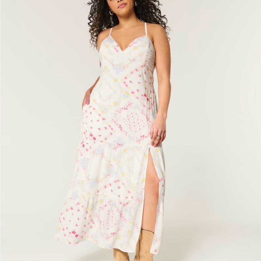 Hollister White Floral Maxi Dress with Pink and Yellow Accents